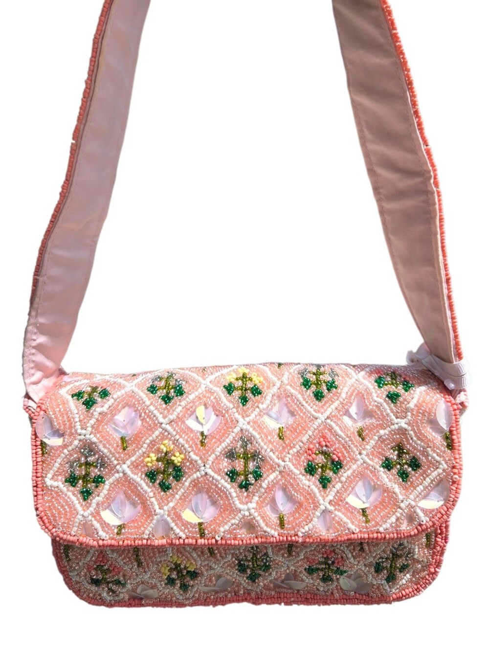 🌷Viral Pink Beaded Floral Shoulder Bag, Sequin Garden Flowers Trellis Pattern